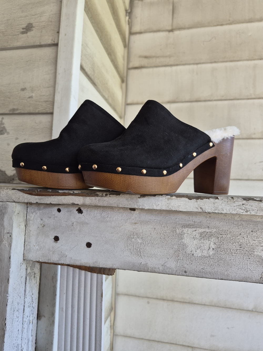 Black Suede Studded Clog Heels - Women